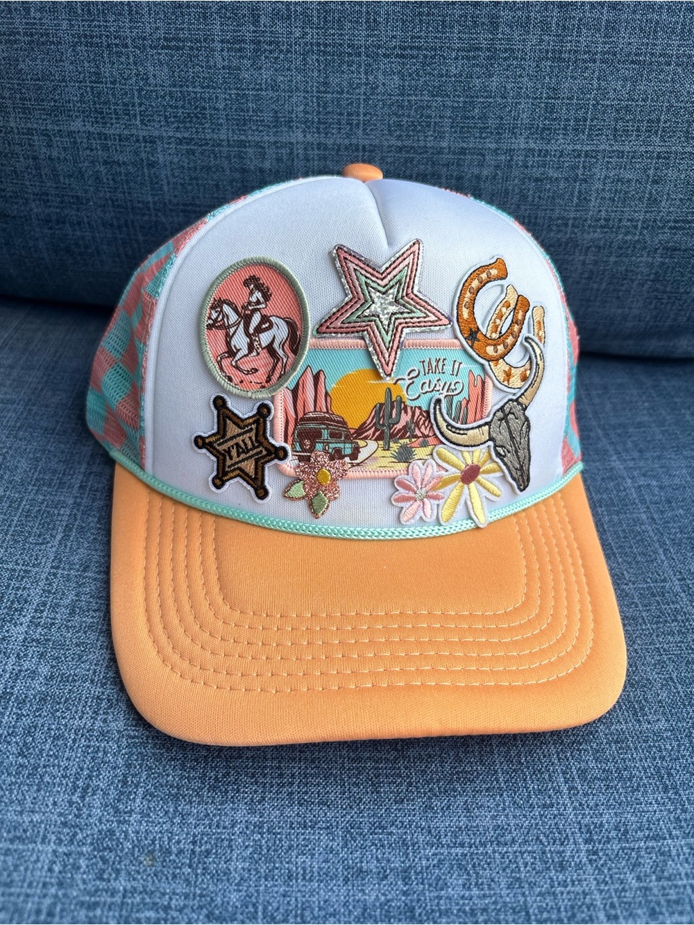 ⭐️Women’s Orange & Teal Patchwork Trucker Hat western cowboy y’all take it easy
